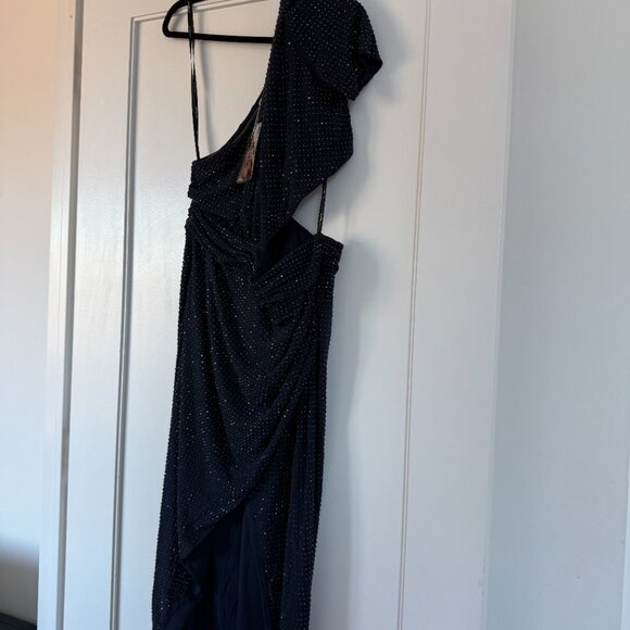 NWT Self-Portrait Cut-out Midi Dress In Navy Allover Rhinestone Front Slit Sz 12 - Picture 8 of 11